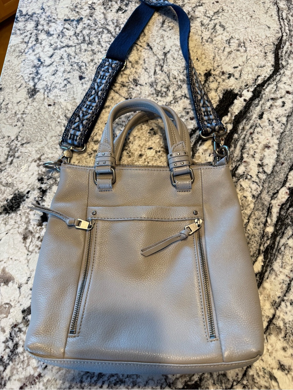 The Sak Gray Pebbled Zip Satchel Top Handle Bag w/ Detachable Strap, Pockets